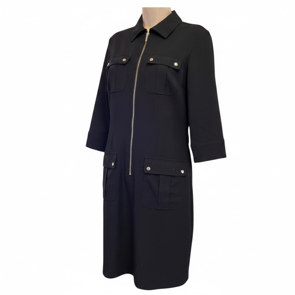 Michael Kors‎ Black Utility Shirt Dress Zip Front Pockets 3/4 Sleeve Size 8